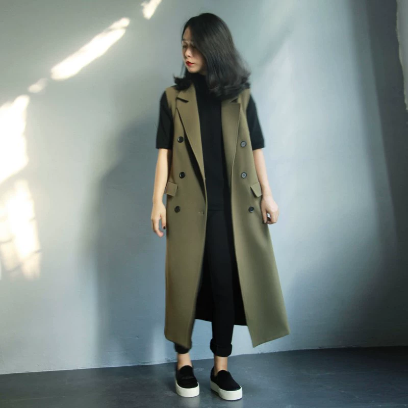 Chất liệu áo khoác vest 2019 mùa xuân và mùa thu nữ phiên bản Hàn Quốc của áo hai dây dài ngực rộng màu xanh quân đội phù hợp với len - Áo vest