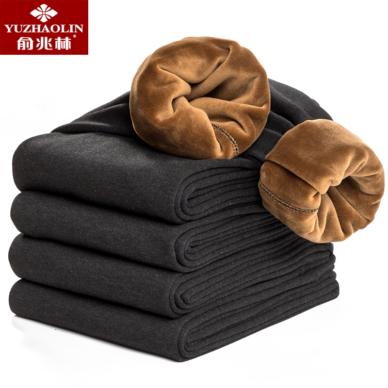 Yu one trillion Lin Qiuong pants masculine and thickened integrated kneecap elastic tight fit autumn and winter style youth large size cotton wool thread pants man