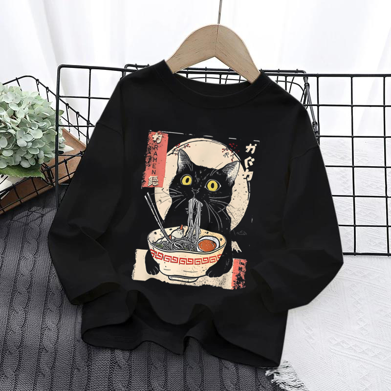 Vintage Retro Kawaii Cat Eating Ramen Funny Anime Print Long-Sleeved T-Shirt Unisex Pure Cotton Top
