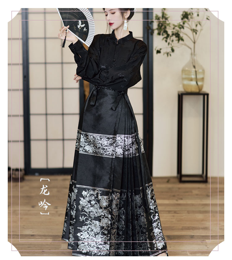 漢服 黒色 龍吟の模様- 馬面裙 & 半身裙 伝統的な中国スタイルをモダンにアップデート パーティードレス・オケージョン - スカート - ポリエステル ブラック
