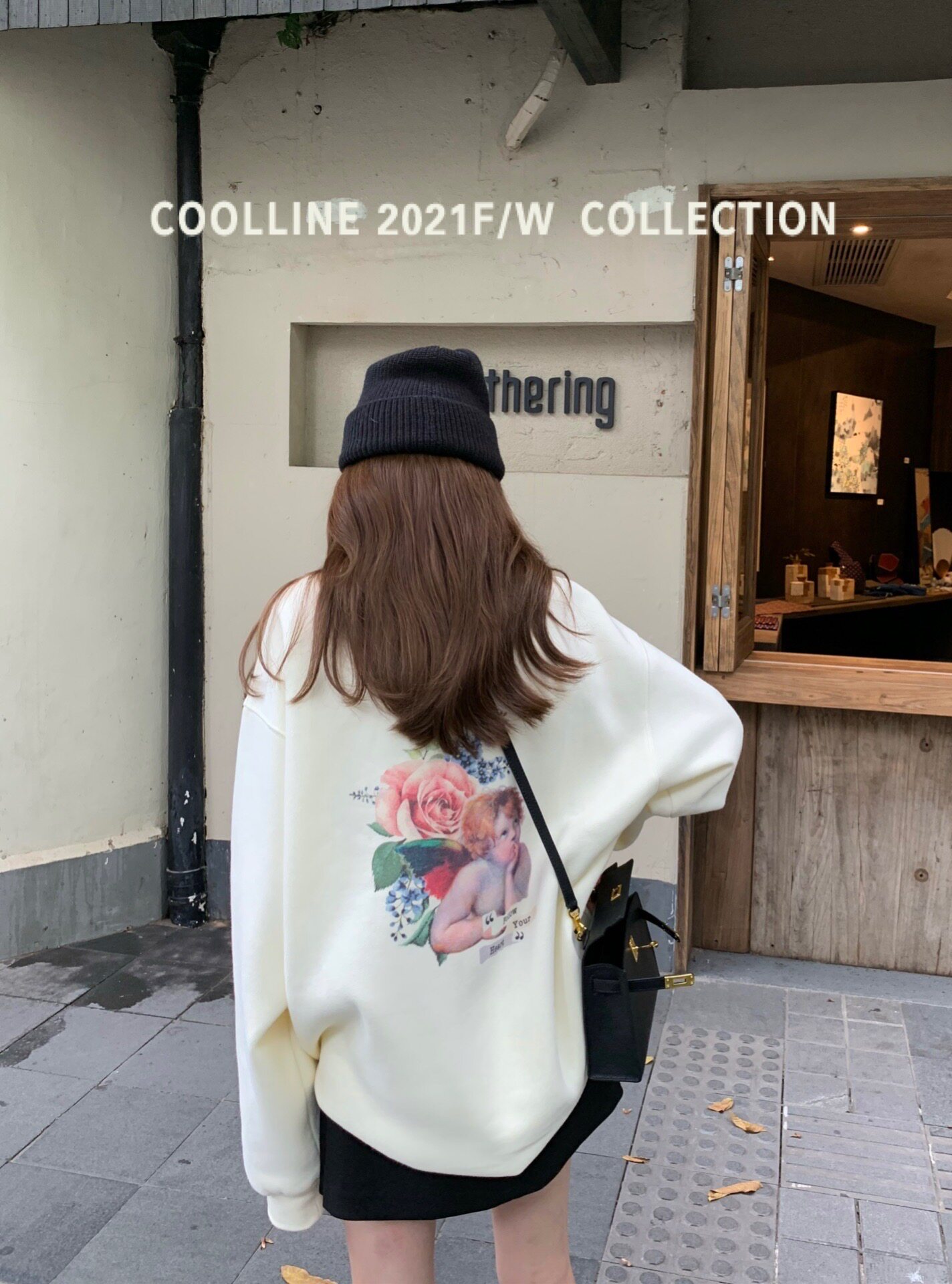 COOLLINE Milky White Cherry Blossom Pink Two-color Cartoon Print Embroidered Letters Loose Round Neck Versatile Pullover Casual Top