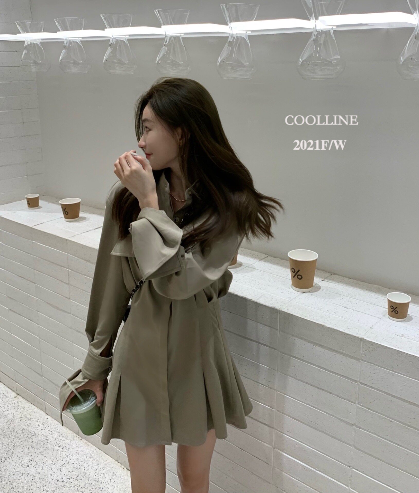 COOLLINE Forest Lin Zi Xi's Trendy Double Design Sense Collection Waist Pinch Pleat Lip Gloss Texture Shirt Dress