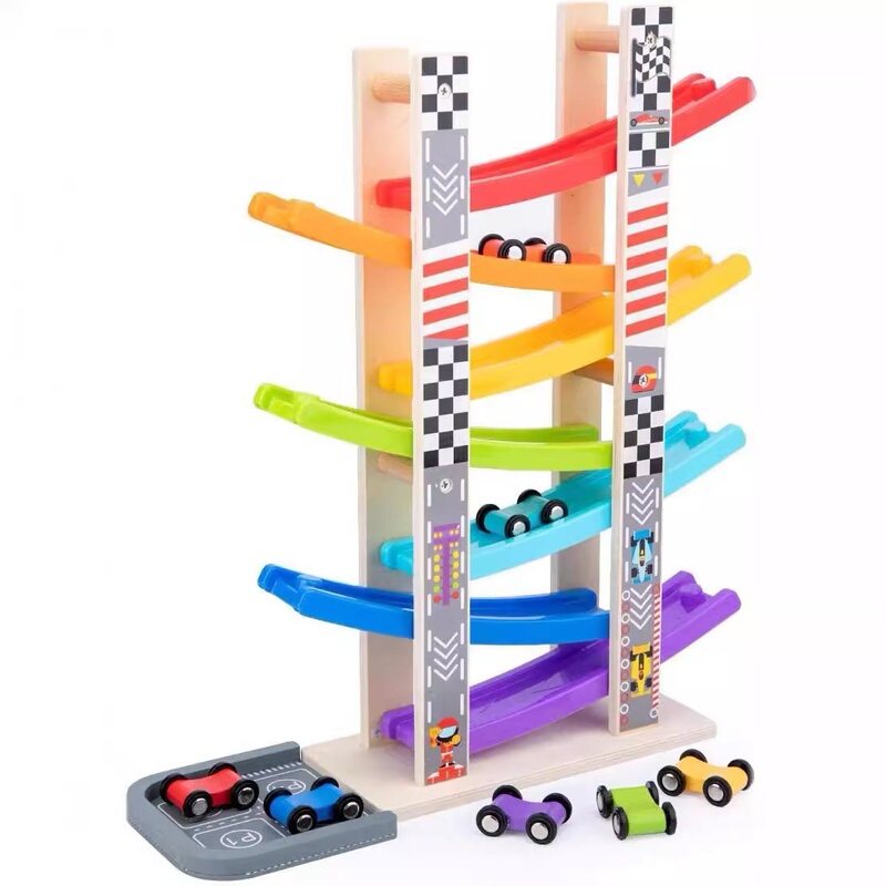 Children's Wooden Simulation Car Ramp Racing Toy Car Set Multi-Layer Track Gliding Car Birthday Gift