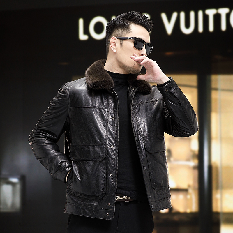 Winter Genuine Leather Jacket for Men, down Jacket with Mink Fur Collar, Short Calfskin Biker Jacket, Thickened Leather Coat