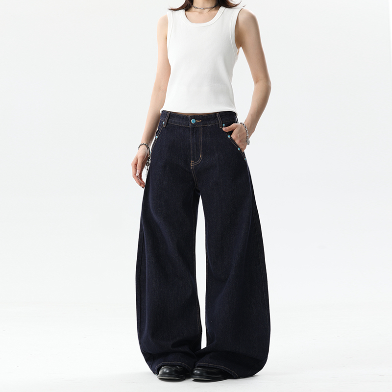 Bflc Original Denim Jeans with Rivets in a Turquoise Color, Unisex Loose Straight Wide-Leg Pants
