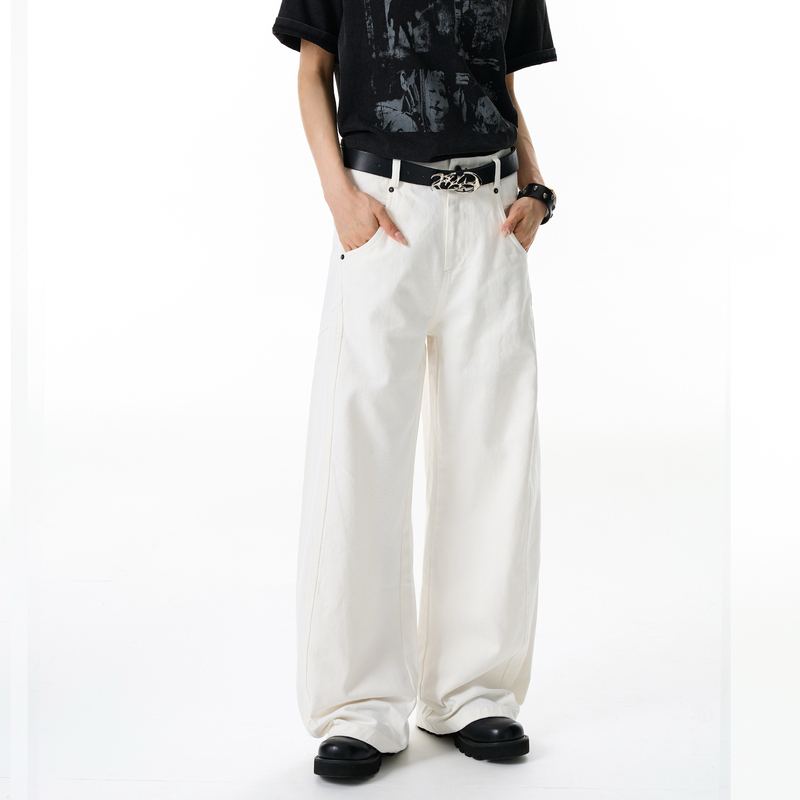 Bflc'Elegant White Cow' Basic Scimitar-Style Casual Pants for Men, Versatile and Suitable for Commuting, White Denim Long Pants