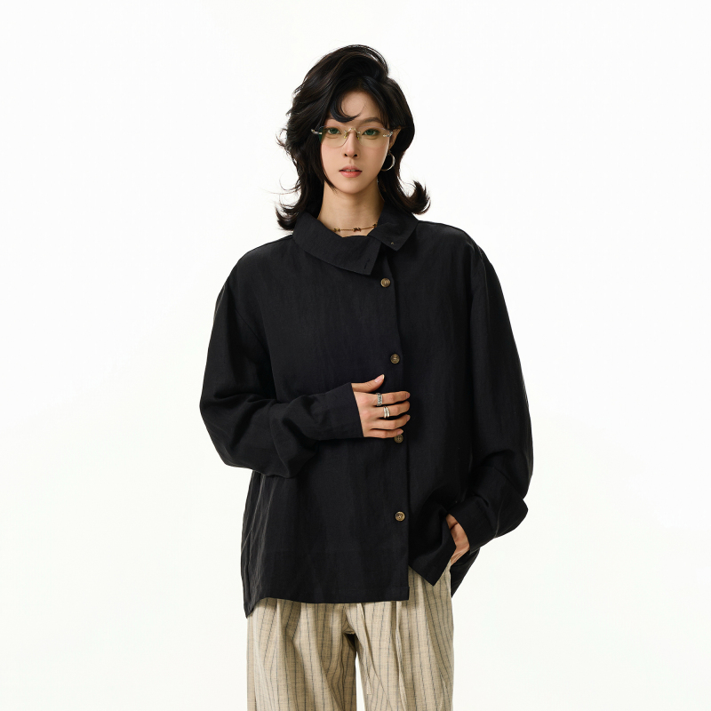 Bflc “Lyocell Linen Asymmetrical Placket Stand Collar” Old Money Style Multi-Form Long Sleeve Shirt Men's Loose Shirt