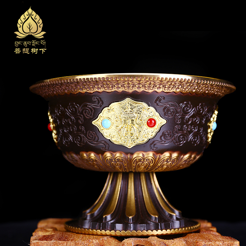 Buddha's imitation ancient pure bronze eight auspicious carved flower with high foot water supply bowl for the water glass holy water cup big number