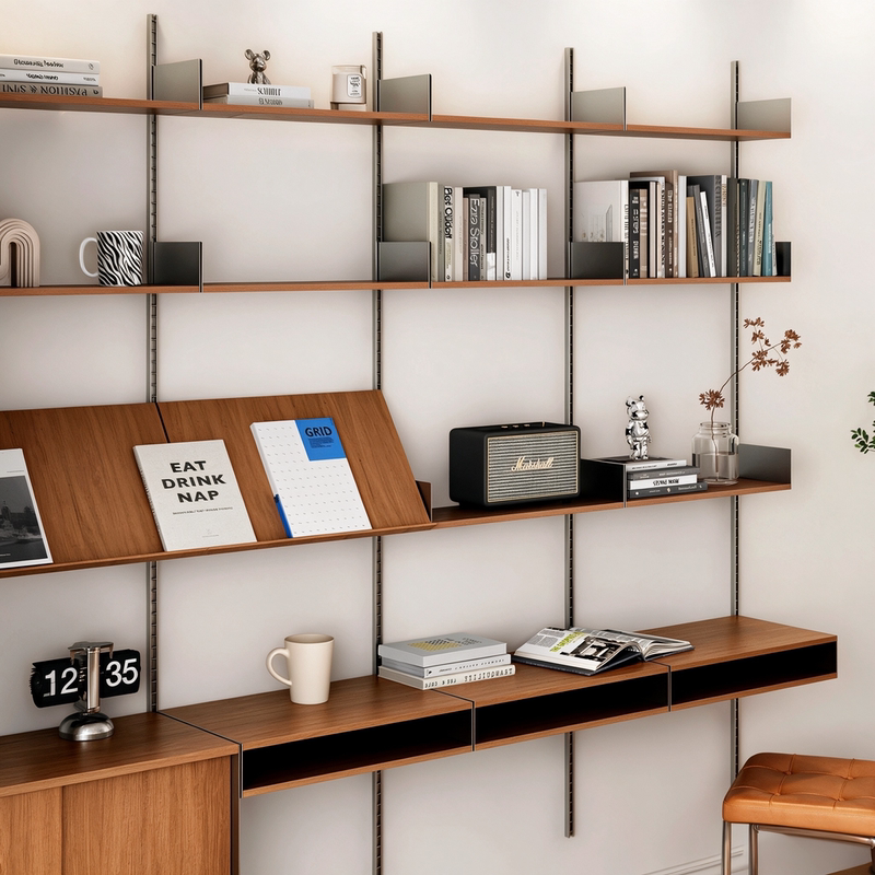 Vintage-Style Track Bookshelf, Wall-Mounted Storage Rack for Living Room, Solid Wood Straight Shelf, Freely Combinable and Adjustable Display Rack