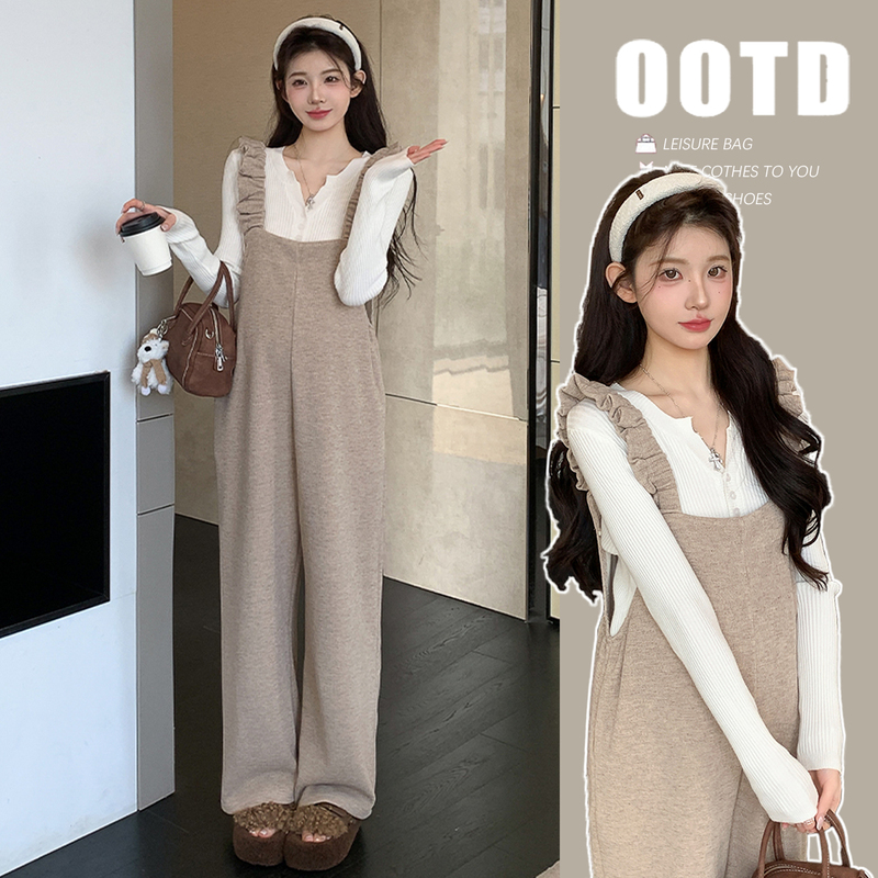 Maternity Wear Spring and Autumn New Style Simple and High-End Ruffled Overalls Two-Piece Set for Pregnant Women with Elegant Style