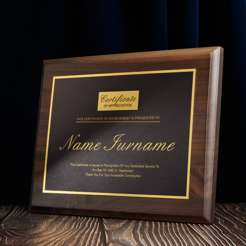 Black Walnuts Solid Wood Medal Custom Gold Leaf Honor Certificate Franchise Card Agent Metal Aluminum Plate Authorized Plate Wood