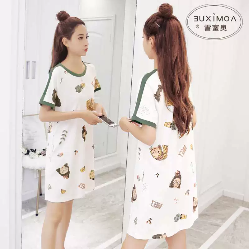 Váy ngủ nữ mùa hè sinh viên hàn quốc cotton thuần khiết ngắn tay dễ thương đồ ngủ nữ lỏng mỏng hoạt hình mùa hè dịch vụ tại nhà - Đêm đầm