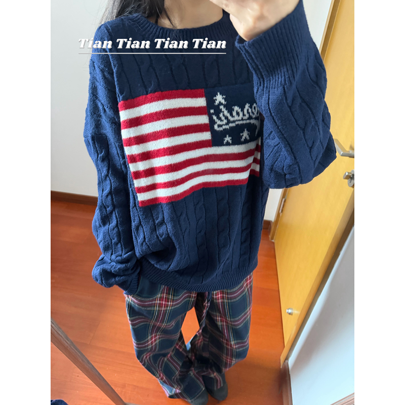 【Tian】Letter Print Street Style Retro Navy Blue Cable Knit Crew Neck Loose Thick Knit Sweater Loose Top 【Tian】Letter Print Street Style Retro Navy Blue Cable Knit Crew Neck Loose Thick Knit Sweater Loose Top