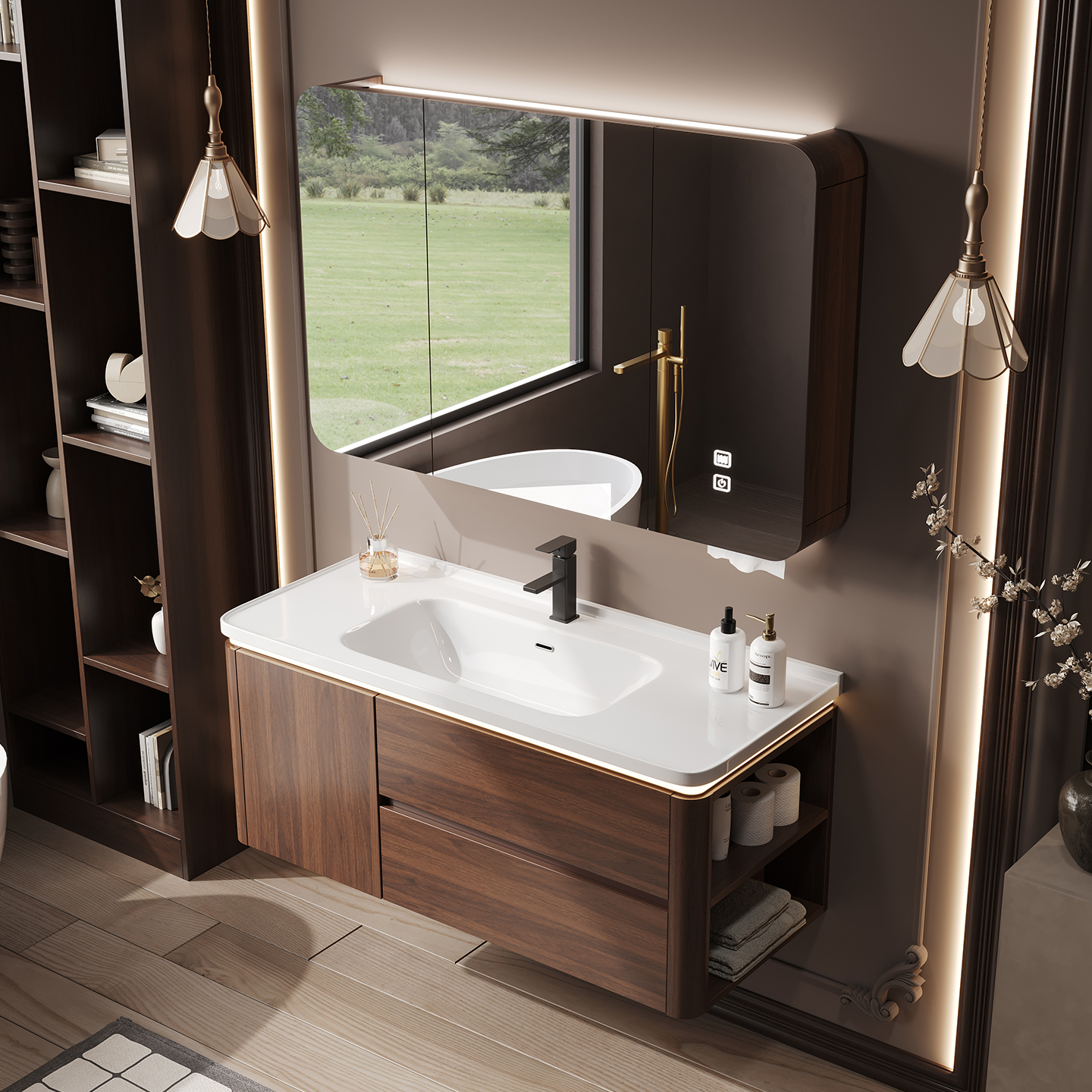 Medieval style arc bathroom cabinet combined with ceramic integrated basin