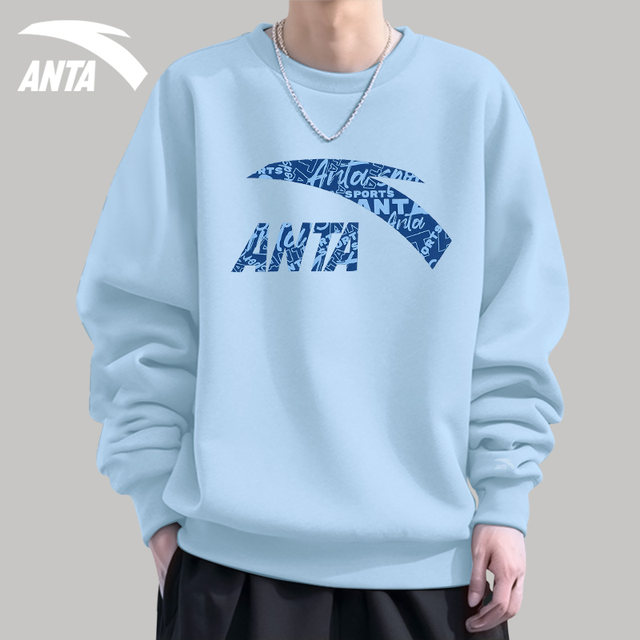ANTA sweatshirt ຜູ້ຊາຍ 2024 ລະດູໃບໄມ້ປົ່ງແບບໃຫມ່ພິມໂລໂກ້ແຫ່ງຊາດ trend round neck pullover plus velvet brand-sleeved bottoming shirt