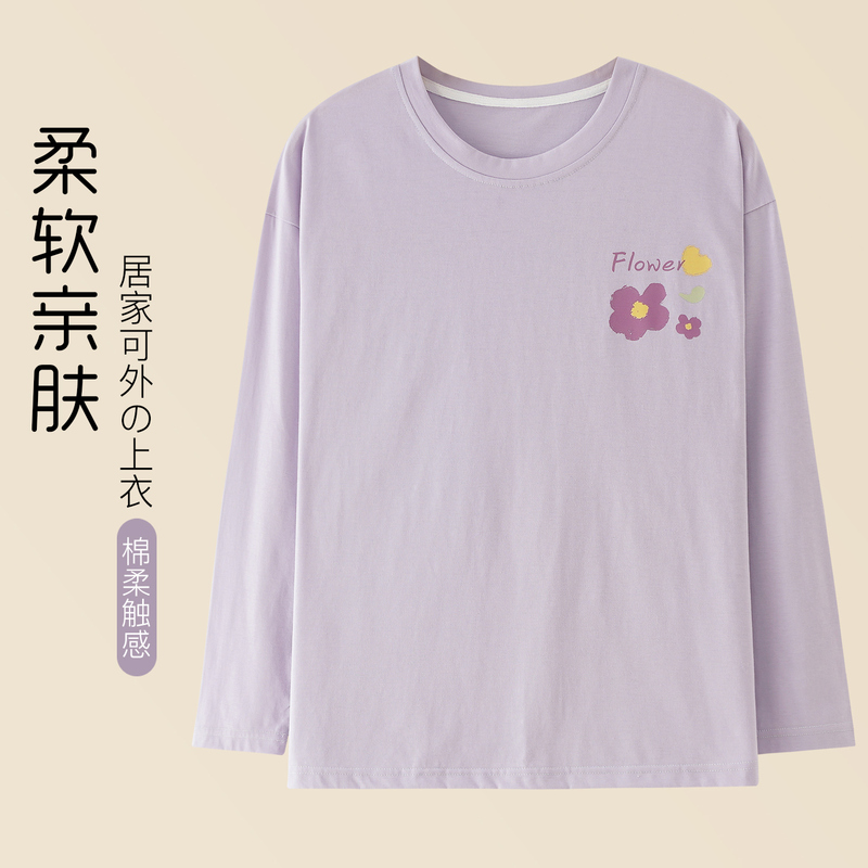 Women's Pure Cotton Pajamas T-Shirt, Spring and Autumn, Round Neck, Long Sleeves, Loose, Large Size, Spring and Autumn Loungewear, Cartoon Cute Single Top