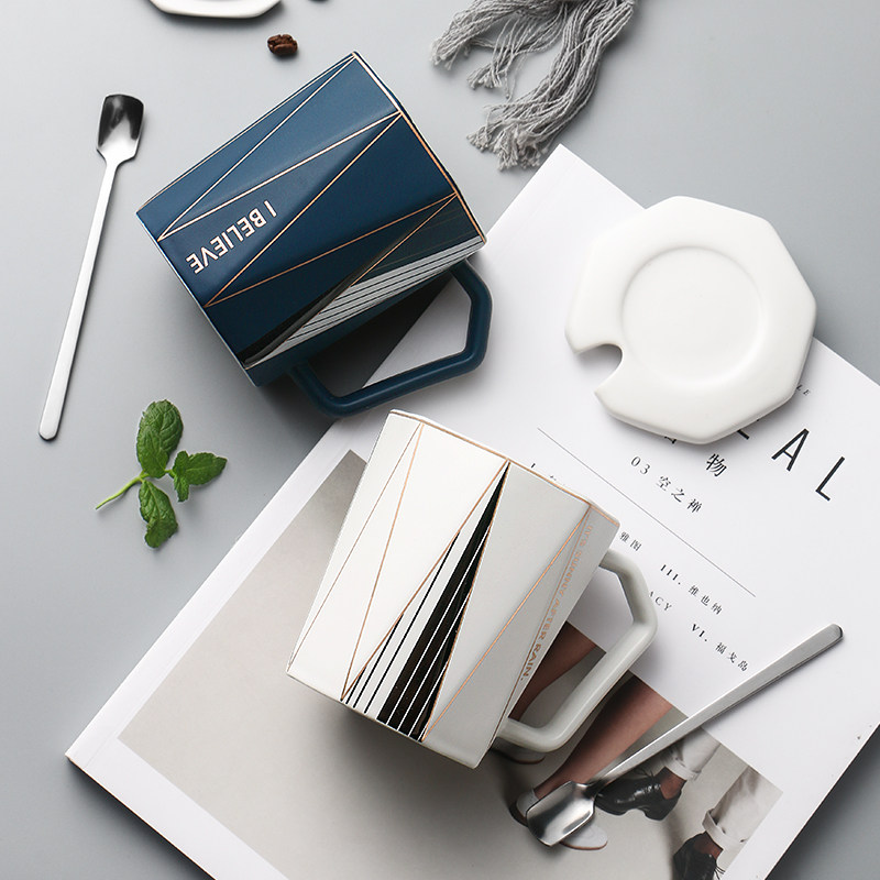 Nordic simple ceramic mug with lid spoon personality creative trend couple water cup ins coffee cup pair