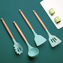 Silicone Pan Shovel Nordic Wind Wood Handle Nonstick Pan Special Shovel High Temperature Resistant Kitchen Fried Vegetable Spoon Kitchenware Suit Home