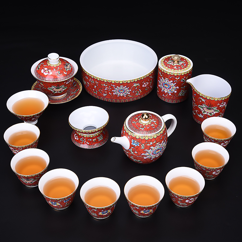 Dehua colored enamel kung fu tea set suit household of Chinese style restoring ancient ways gift tea tea accessories box lid bowl