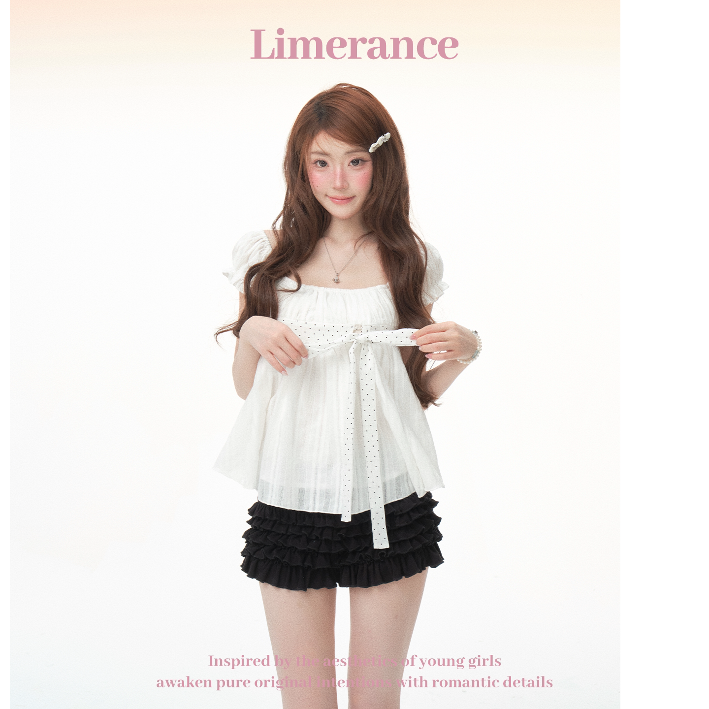 Limerance リボン パフスリーブ ティアード ドット セットアップ