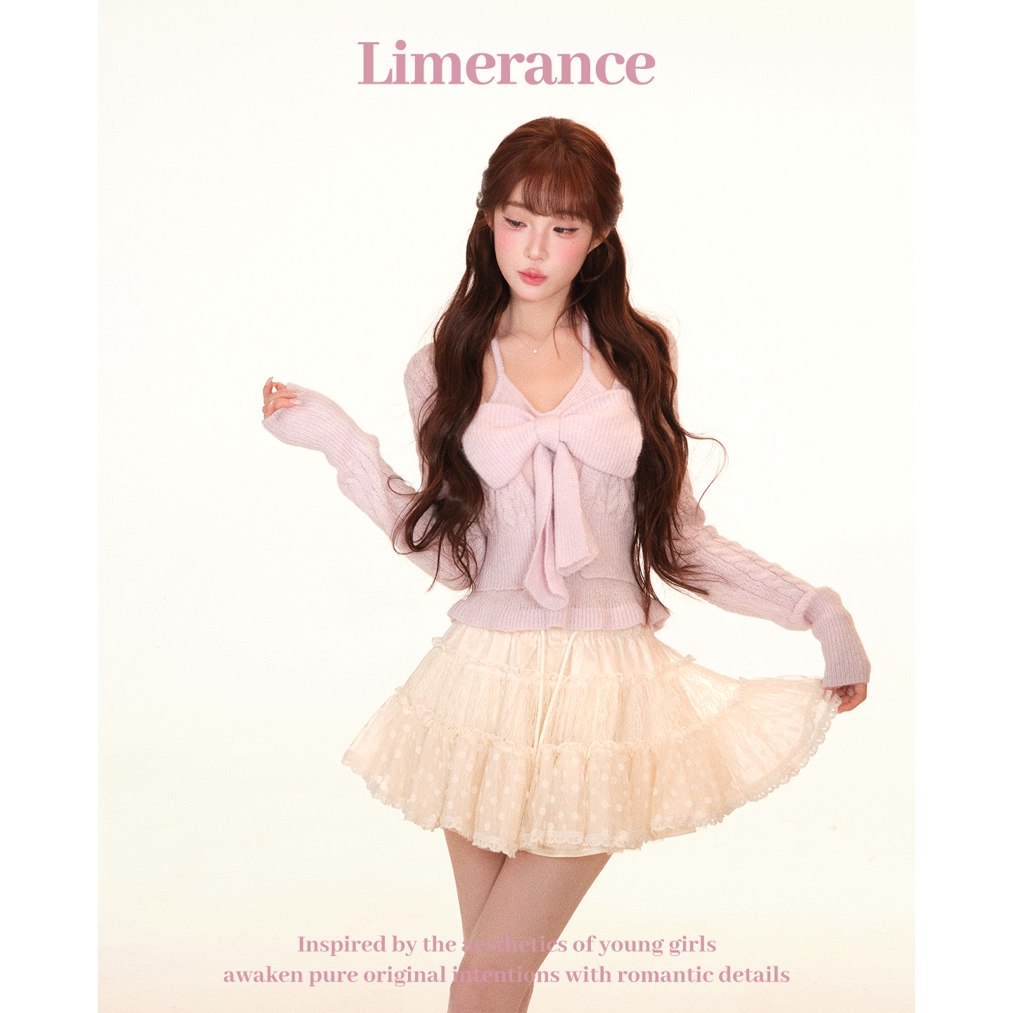 Limerance リボン レース ドット 重ね着風 セットアップ