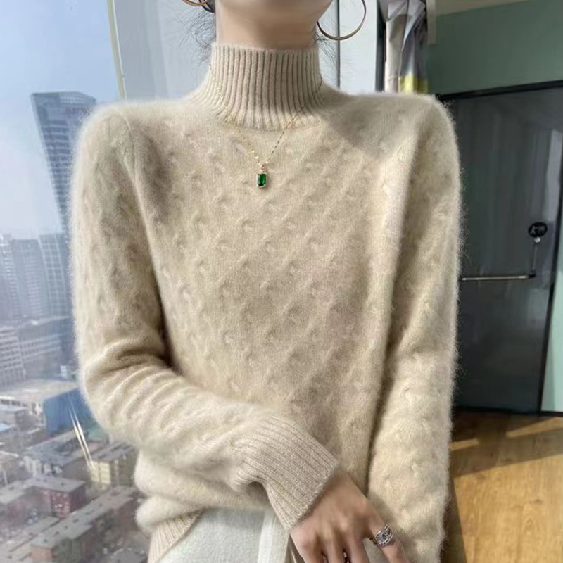 High-End Long-Sleeved Wool Sweater Pullover Autumn and Winter Patchwork Sweater Women's New Half-High Collar Casual Loose Knitted Base Layer Sweater High-End Long-Sleeved Wool Sweater Pullover Autumn and Winter Patchwork Sweater Women's New Half-High Collar Casual Loose Knitted Base Layer Sweater
