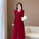 2022 autumn and winter new temperament high-end red dress French knitted mesh stitching long-sleeved sweater dress