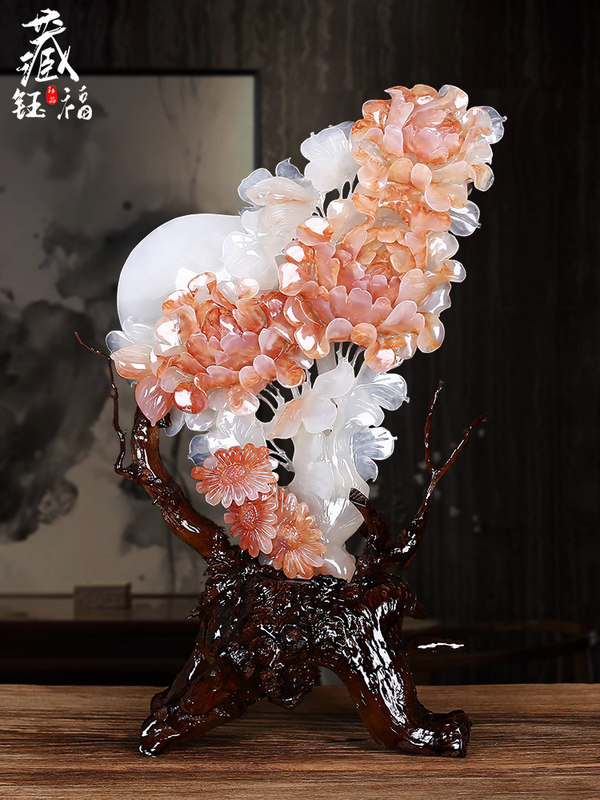 Natural jade blossom rich jade carving ornament living room office entrance wine cabinet decoration high-grade craft gifts