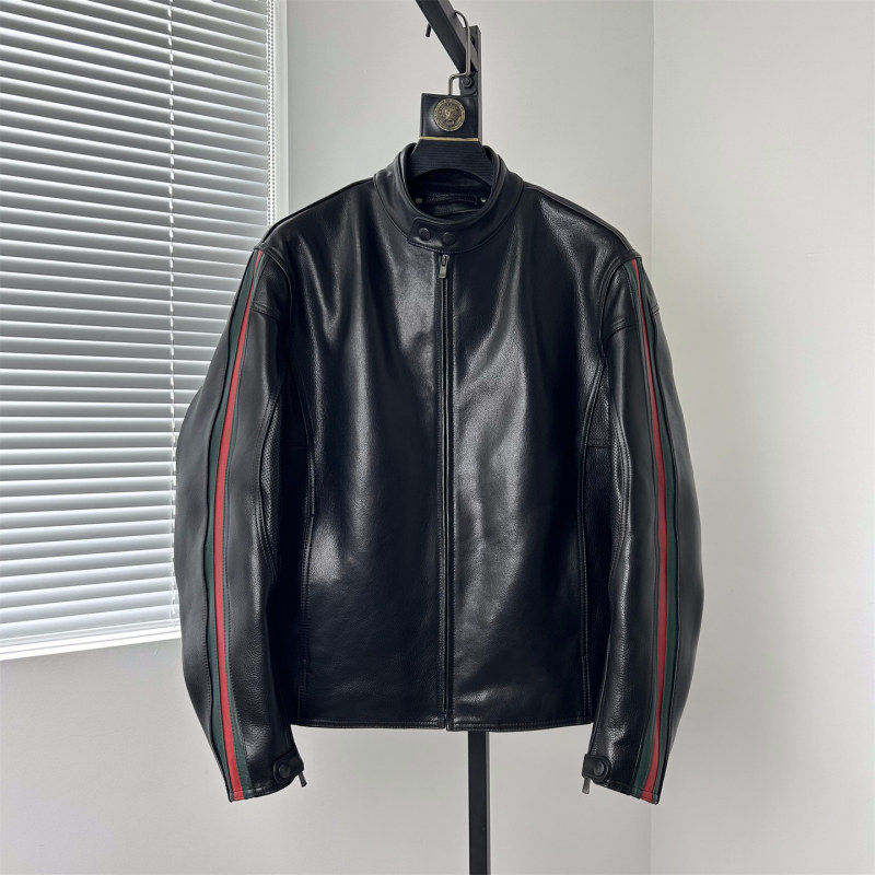 1.2mm Heavy-Duty Cowhide Leather Jacket for Men, Short Style with Stand Collar, Striped Color-Blocking Biker Style Jacket with Excella Zipper 1.2mm Heavy-Duty Cowhide Leather Jacket for Men, Short Style with Stand Collar, Striped Color-Blocking Biker Style Jacket with Excella Zipper