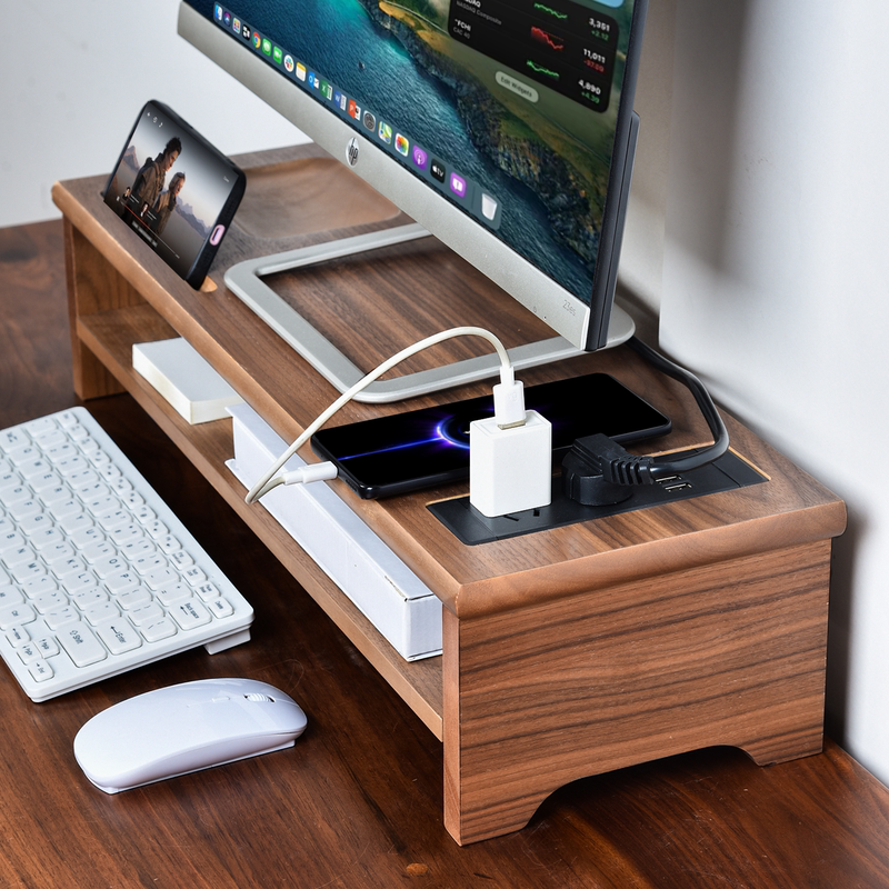 Solid Wood Desktop Computer Riser Monitor Screen Heightening Office Workstation Desktop Storage Rack with USB Charging