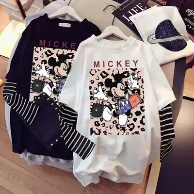 Long-sleeved T-shirt women's top mid-length loose Korean ins tide spring and Autumn large size women's cotton inner clothes stitching