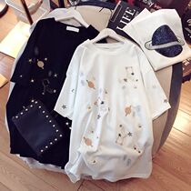 Pure cotton short-sleeved t-shirt womens top medium-long loose Korean version of the tide ins large size womens fat mm summer white T-shirt