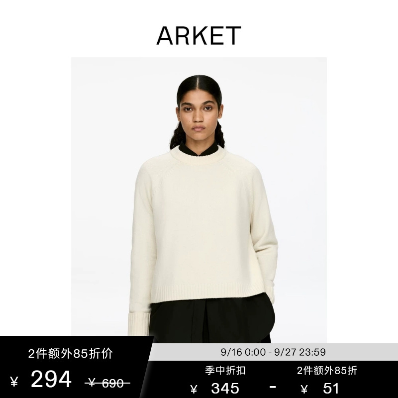 Arket Women's Wool Round Neck Fold-Over Sleeve Knitwear Off-White 1300530003 Arket Women's Wool Round Neck Fold-Over Sleeve Knitwear Off-White 1300530003