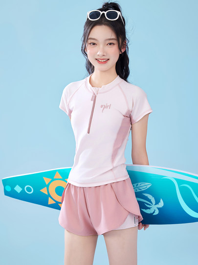2025 New Style Big Kids' Swimwear for Girls, Junior High School Students, Puberty Development Period, Two-Piece Conservative Style with Chest Pads, Sporty Style