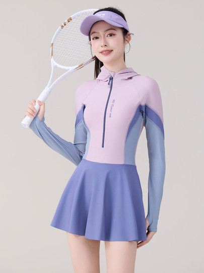 One-Piece Skirt-Style Swimsuit for Women 2025 New Model Hooded Long-Sleeved Sun Protection Tummy-Covering Slimming Conservative Hot Spring Swimming Pool Plus Size