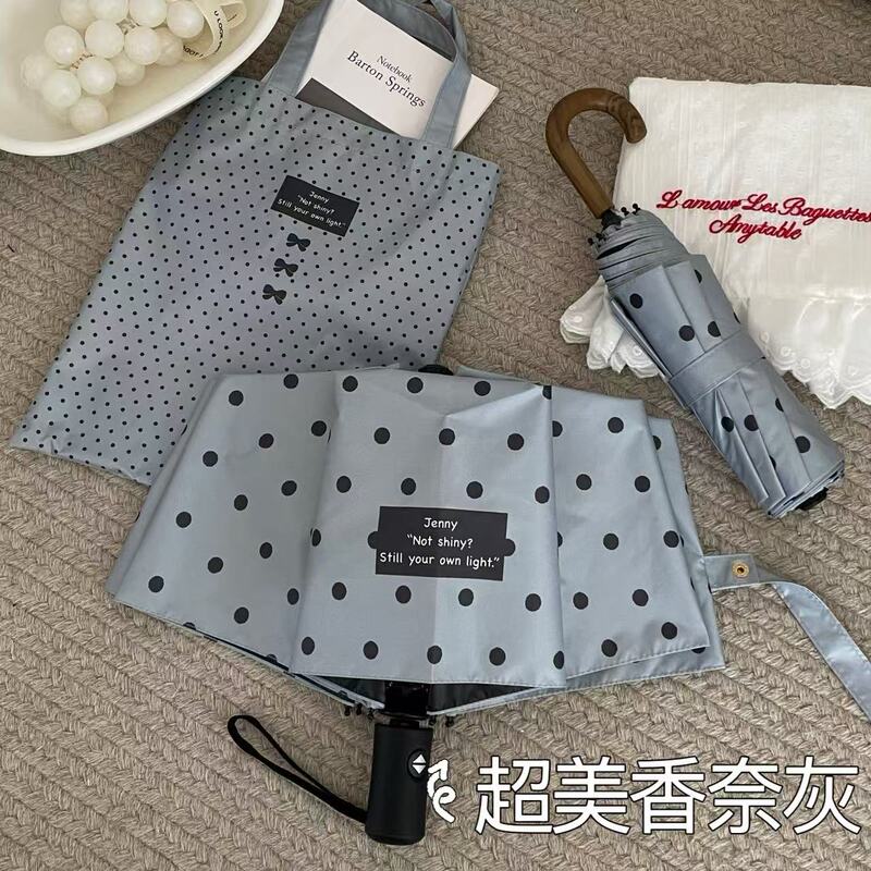 ins High-End Chanel-Style Gray Retro Polka Dot Umbrella, Dual-Use for Sun and Rain, Vinyl Sunshade, Sun Protection, Automatic Umbrella ins High-End Chanel-Style Gray Retro Polka Dot Umbrella, Dual-Use for Sun and Rain, Vinyl Sunshade, Sun Protection, Automatic Umbrella