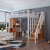 Nordic small household size simple multifunction province space duplex attic upper and downward suspended iron elevated bed with elevator cabinet