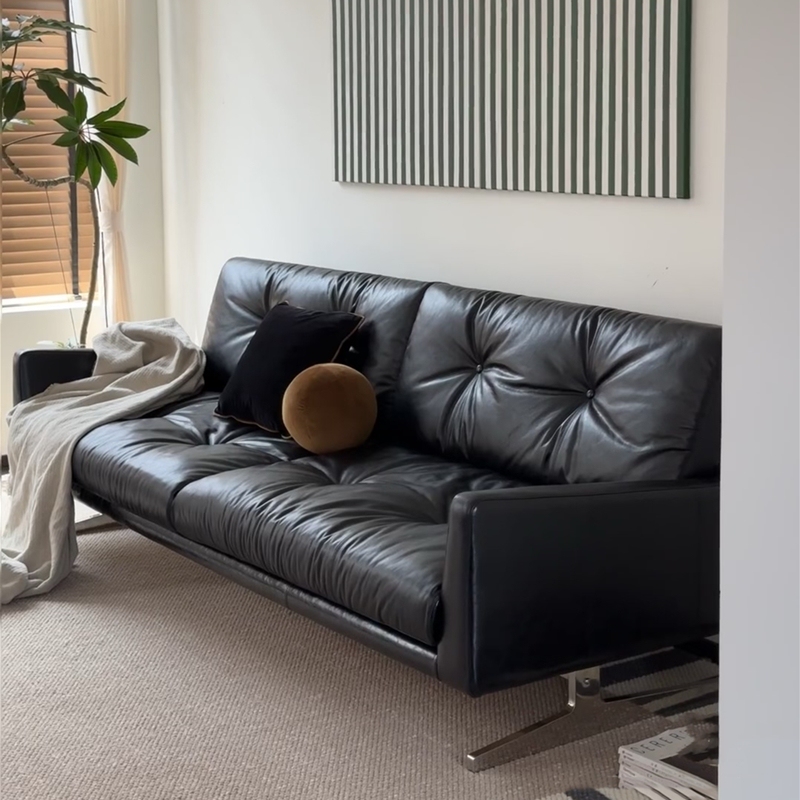 Vintage Bauhaus-Style Grand Sofa, Retro Old Money Style, Oil-Waxed Leather, Black, Three-Seater, Straight-Line Sofa for Small Apartments Vintage Bauhaus-Style Grand Sofa, Retro Old Money Style, Oil-Waxed Leather, Black, Three-Seater, Straight-Line Sofa for Small Apartments
