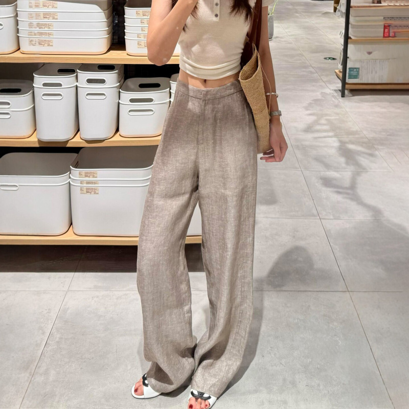 Old Money Style Shimmering Linen Casual Pants for Women, Summer Thin Large Size Plus Size High Waist Slimming Lazy Relaxed Wide-Leg Pants