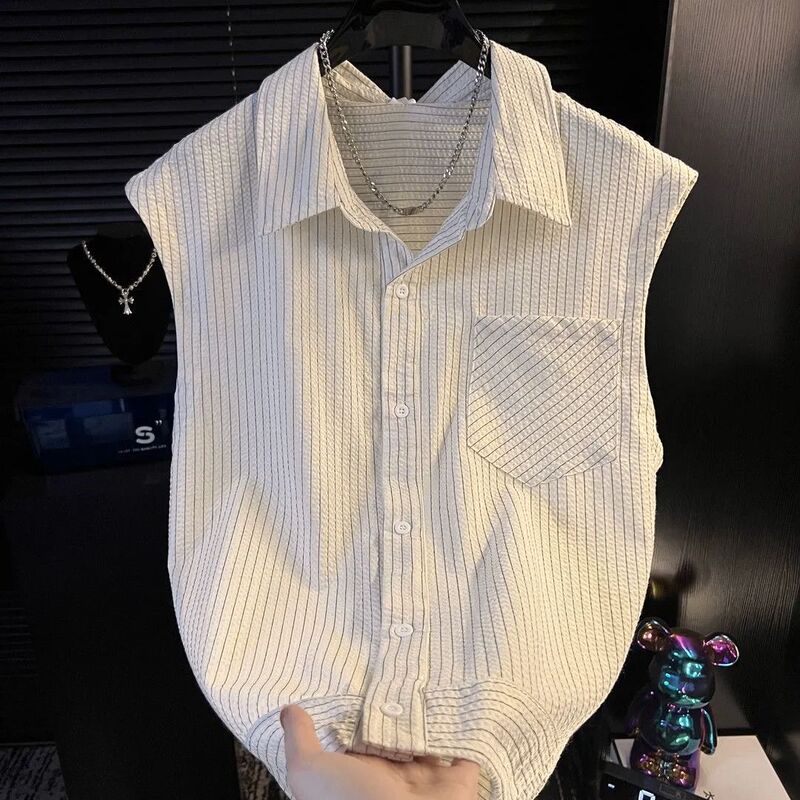Men's Loose Sleeveless Shirt Vest Summer New Fashion Color-Blocking Striped Design Trendy Short-Sleeve Top