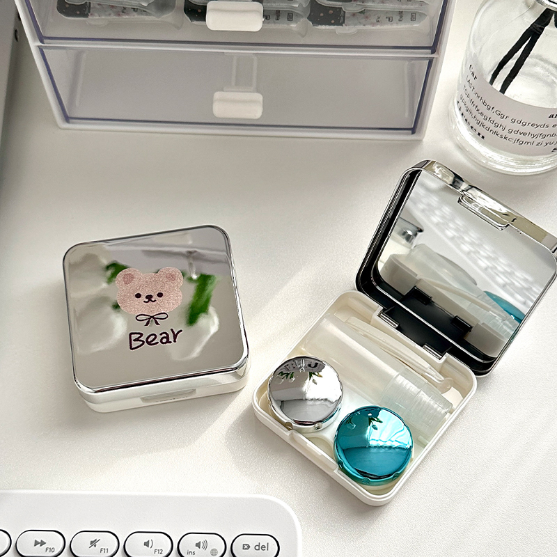 Mirror Silver Bear Contact Lens Case Portable Storage Contact Lens Case High-End with Mirror Care Box Companion Box