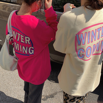 White water womens long-sleeved velvet sweater womens spring and autumn thickened loose Korean version of the long dragon fruit round neck top