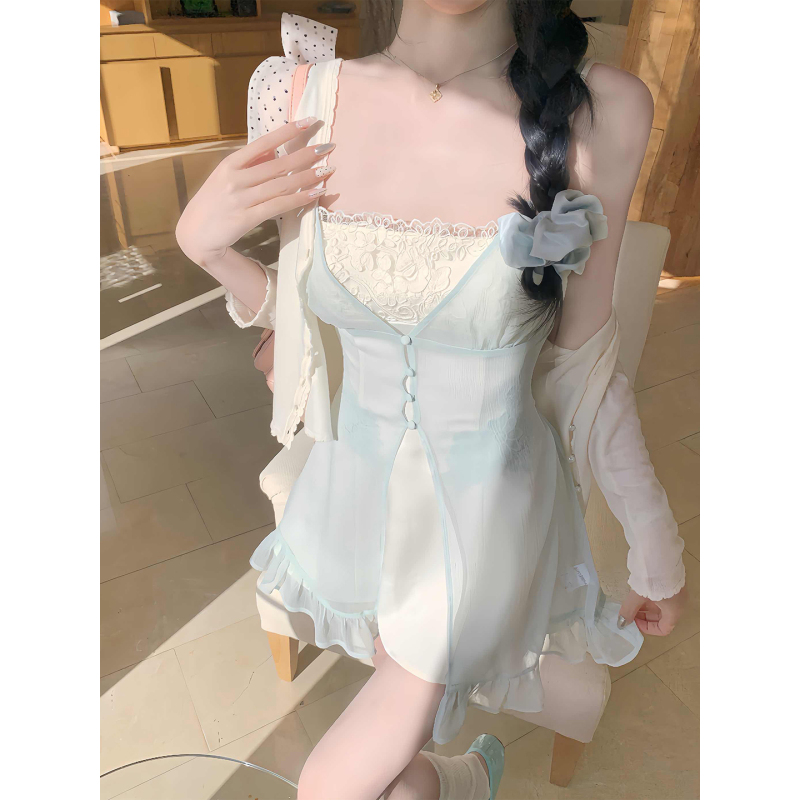 White Water Girl Alice Skirt Chiffon Ruffle Camisole & Embroidered Lace Camisole Dress Women's French Style Set