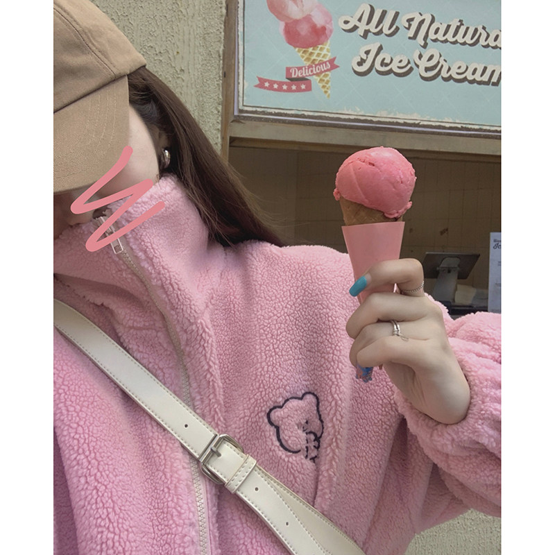 White water female lamb hair short coat female spring and autumn gentle wind loose thickened ins tide bear hairy top