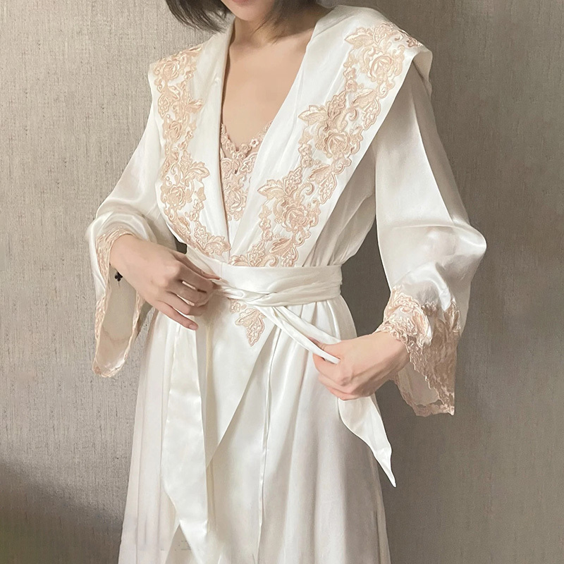 26 Summer New Style Socialite Luxurious Silk Embroidered Lace-Up Nightgown Lace Strap Slit Morning Gown Loungewear