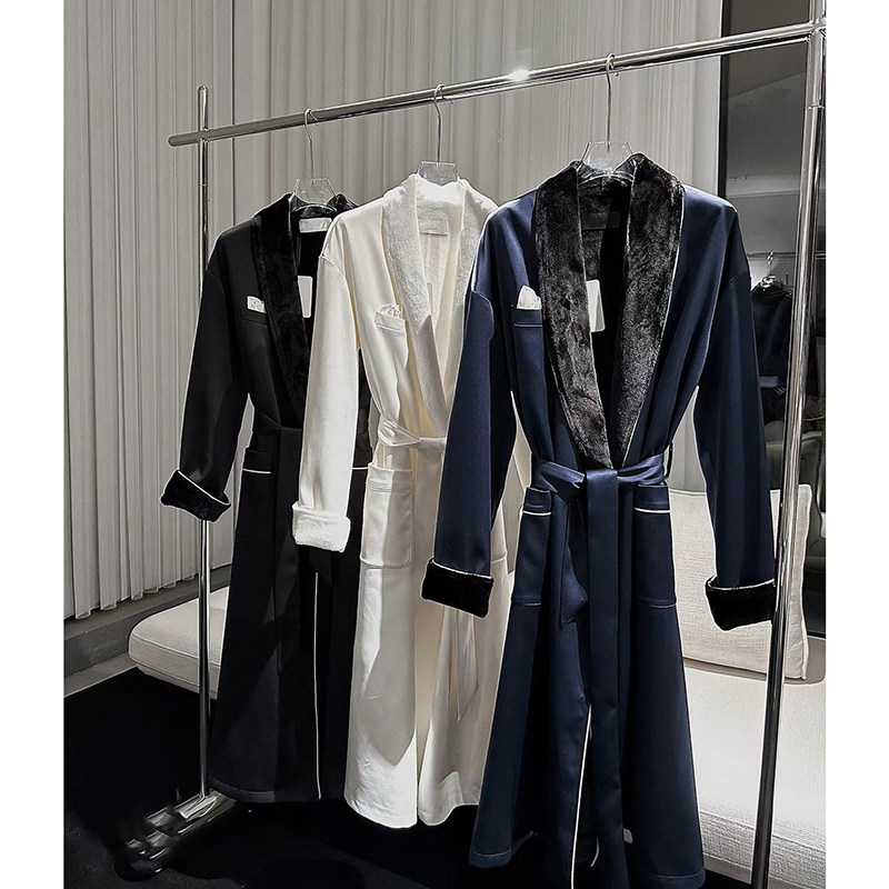 Fensee High-End Pajamas, Luxurious Satin Double-Pocket Comfortable Long Dressing Gown, Warm Flannel Robe, Bathrobe, Home Wear