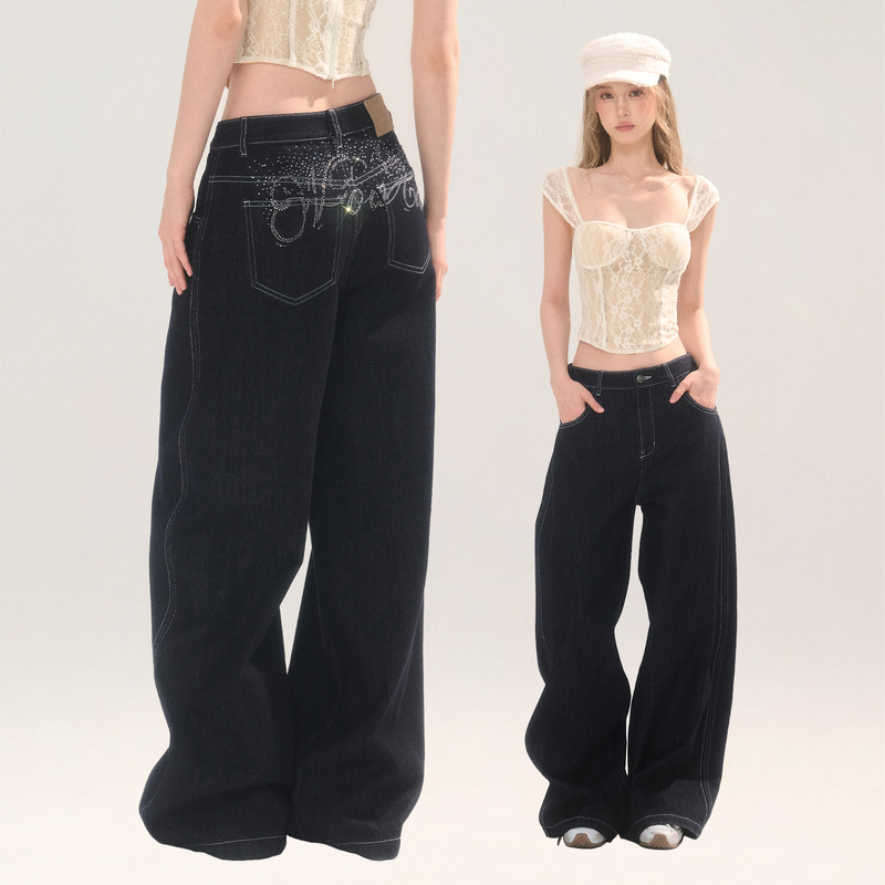 Wooha 2026 Early Autumn New Retro Trendy Casual Versatile Casual Rhinestone Wide-Leg Jeans for Women