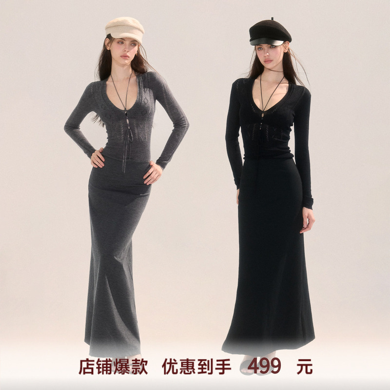 【9.17 New Product】Wooha Wool Blend Hollow Knit Patchwork Slim Dress