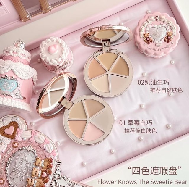 Flower Knows Sweetheart Bear Four-Color Concealer Palette Brightening Concealer for Dark Circles, Acne, and Spots Foundation Liquid