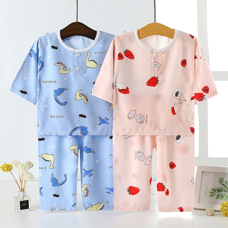 Childrens đồ ngủ lụa cotton mùa hè mỏng nhà băng lụa cậu bé phim hoạt hình bé trai cotton điều hòa không khí quần áo.